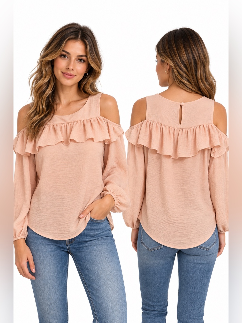 Pleione Cold Shoulder Ruffle Blush Pink Blouse Size M